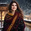 Placeholder: Hyper Realistic Photographic-View of an Extremely-Beautiful Young Happy Pashto Woman with very-beautiful eyes & beautiful brown hair wearing Black Dress with yellow embroidery & maroon-shawl standing on a balcony with beautiful snowfall night with wind-whirling-her-hair showing dramatic & cinematic ambiance.