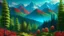 Placeholder: Capture a wide-angle shot of a towering mountain range rising above a lush forest, The colors should be vibrant and alive, Use a soft and calming music in the background.