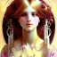 Placeholder: woman, beautiful, cute, long pink hair with bangs, brown eyes, by Alphonse Mucha