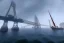 Placeholder: oakland boat port in california, urban , slums , view of port from the sea, bridge in background , fog , realistic, unity, scriptable render pipeline , cinematic lighting.