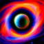 Placeholder: phsychedelic, swirling colors, red sun in center, blue moon, blackhole, stars, space