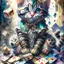 Placeholder: Adorable Cute little Harlequin cat patchwork art by cameron gray epic poster, Hyper realistic cat clown. sits on a pile of fish bones watercolor painting, Jean-Baptiste Monge style, bright, beautiful in spring, splash, big perfect eyes, rim lighting, lights, magic, fantasy, digital art, wlop, artgerm and james jean Modifiers: 8k cinematic lighting photorealistic 4K 3D crisp quality hdr Ultra realistic Gian Lorenzo Bernini Geometric and cubist