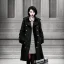 Placeholder: A beautiful slender young Asian woman with short black hair and a black trench coat, waiting for a man at night at a train station in London