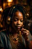 Placeholder: earthy black young woman listening to music with small old school headphones, soul, peace, majestic, earthy colours, at peace, happy, incense, jewels, bands, natural, old school headphones, blasian eyes, incense, very dark skin, crystals, gold arm bands, locs with beads, mouth slightly open