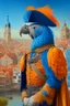 Placeholder: Half parrot half human in a 1700s Orange Dutch uniform next to a Dutch city with blue feathers