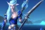 Placeholder: [Sea Elf] [Maormer] Hero Queen with [white hair] and [blue skin] wielding a blue glass greatsword on a ship with crew [fantasy] [realism] [Elder scrolls]