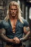 Placeholder: stunningly handsome viking, muscular, long blonde hair, male age 30, wearing jeans and a smart shirt, tan skin, tattoos,photorealistic 4k