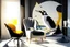 Placeholder: human feet decorated wallpaper in the background and a penguin shaped and penguin coloured (black and white) armchair in a modern room in sunshine