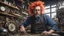 Placeholder: A brilliant clockmaker with wild colored hair in a work shop, 8k, high quality, trending art, trending on artstation, sharp focus, studio photo, intricate details, highly detailed, by tim burton