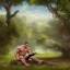 Placeholder: A legendary miniature with a big muscular body reading a book under a tree by the lake, 3D, realistic, magical painting, full and detailed painting components, Hollywood quality, 4K, 8K