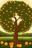 Placeholder: A large orange tree, whose branches form the shape of a heart that is hollow from the inside and what is behind it is visible from the background. An orange grove appears in the background. A cheerful and vibrant natural scene with many...