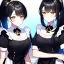 Placeholder: Clear focus, 8k, beautiful lighting, vibrant colors, girl, black hair, long hair, vibrant golden eyes, ponytail, same twins, black hair, golden eyes, same clothes, maid,