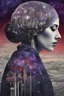 Placeholder: Double exposure of a female person's profile and a utopistic starry night sky, dramatic mood, dark depressive style, highlySurreal reflection, dark, melancholic, purple, gray, red, black colors, surreal abtractions, strange things, Kandinsky world detailed intricate, surreal, stunning,