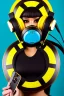 Placeholder: Adaptive photograph. Geometric 3D tiling on the background. Lightly armored, electronic circuit. Cyber-punk full-mask. woman. The mask covers the face fully. Bronze color Yellow Black Cyan. AKG headphones, golden rings & disc. Selfie both hands. Thick tights. Thick calves. Curved fell. Wide hip. Flat belly. Ancient artifact, cables. Perfect, Tron Movie. Lay figure. Haute Couture 1990's. Light from right