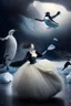 Placeholder: A human princess in a ball gown, dancing with a penguin, while in Antarctica while it storms in the background