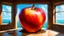 Placeholder: A surreal painting depicts a giant apple riddled with worms that occupies almost an entire room. The room has a window overlooking a calm blue sea.