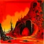 Placeholder: An orangish red molten underground with lava designed in cave paintings painted by Salvador Dali