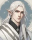 Placeholder: a young high elf frost Wizard with long wiry hair, wearing a black trimmed white nobleman's robe and frost ornaments on clothes