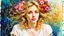 Placeholder: abstract art complementary colors fine details , old torn worn paper, high grain, portrait blonde , flowers in hair, acrylic, alcohol ink, fine drawing, A blonde woman in her 40s, with flowers woven into her loose, curly hair, sits in a whimsical, fairytale setting, surrounded by delicate swirling patterns reminiscent of the textures of old torn paper, in a vibrant, abstract style combining acrylic and alcohol ink techniques, with fine detailing that highlights complementary colors, in the expre