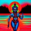 Placeholder: An oil painting of goddess Kali crossing a lake, neon red colors