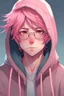 Placeholder: Anime man with glasses, messy pink hair, wearing a hooded sweatshirt, realistic