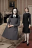 Placeholder: Wednesday Addams kept close to Morticia's side. Though still in her usual somber colors, the young girl had chosen to dress according to Dior's aesthetic rather than her family's customary severe style. Wednesday wore a fit-and-flare dress hitting below the knees, made of finely ribbed wool in a muted charcoal. Three-quarter sleeves and a high lace collar lent it an air of mystery. At the waist was tied a wide sash of deepest navy silk, swaying gently as she walked. On her narrow feet were oxfor