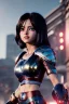 Placeholder: Alita battle angel, portrait from waist up, intricate eyeliner, vibrant eyeshadow, clear completion, soft lighting, 4k resolution, intricate details, insanely detailed, colorful cityscape background, masterpiece, expert, cinematic smooth, retroanime style, realistic details
