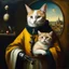 Placeholder: inspired in Hieronymus Bosch and Johannes Vermeer of big humanoid holding a robot cat with his hand, influence, terrifying, the end of times, forgotten past, masterpiece