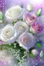 Placeholder: A huge, juicy lush bouquet of pale pink and white roses with gypsophiles and purple lilac, complex, amazing, magical delicate, the color of the sun, mint, sparkling dew drops, dawn, magically, in pastel transparent tones, hyper realistic, beautiful lumen, glitter, professional photo, 3d, realistic, 64k, high resolution, high detail, cgi, hyperrealism, f/16, 1/300s. highly detailed digital painting, bright and juicy photorealistic painting, solar illumination in the background