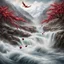 Placeholder: Rustic cherry branch floating down narrow rushing river, violent rapids, white peaks, birds flying. Highly detailed, fantasy, beautiful,hyperrelastic,