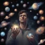 Placeholder: A man with determination who holds all the galaxies in his hand and stares at them