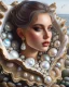 Placeholder: Create a fantastical image of a young beautyful woman in an elaborate dress resembling the interior of a pearl oyster, specifically a Pinctada, with rocks on the seashore in the background. An oil painting in the style of ultrarealism. The collar of the dress, like a hood, encloses the large, open jaw structures of the shell and the deep pearly interior, mimicking this bivalve. The person is also decorated with detailed patterns and textures that give the appearance of an aquatic creature, enhan
