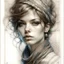 Placeholder: A pencil and charcoal line sketch portrait of a beautiful young woman, modest Christmas clothes, messy hairstyle, intricate details and bold lines. Beautiful, Jean-Baptiste Monge, Art Nouveau, Steve Hanks, Josephine Wall, Thomas Wells Schaller, Big brown eyes, shabby chic, Ella du Cane, wide open dark eyes, Beautiful detailed eyes, colorful. pastel patchwork line art, pen and ink, Maurice Miller and Faiza Maghni