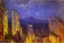 Placeholder: Night, cyberpunk buildings in the mountains, tendency to claude monet, tendency to science fiction, impressionism painting