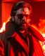 Placeholder: a young man with big muscles who looks like hans gruber wearing a heavy coat and red sunglasses staring with an irritated look on his face standing in front of a large fire