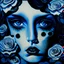 Placeholder: A detailed high quality surreal painting of a delicate, shimmering single blue animorphic rose woman, a small pretty face in its petals, two eyes, pouting lips, delictae nose, background is a blurred black and white hypnotic pattern, very mod, 1960s inspired art, psychedelic, highly detailed conceptual art, mixed media collage, dark fantastical atmosphere, fine lines, dali-esc, beautiful and natural, strange art, optical illusion