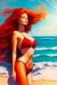 Placeholder: a painting of a woman in a bikini on the beach, an airbrush painting, inspired by Edmond Aman-Jean, featured on deviantart, with long red hair, as a panel of a marvel comic, warm weather, elegantly posing over you, airbrush render