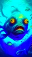 Placeholder: Bosch painting style, nightmare , a under the water creature looks like a bull fish with big eyes ,eating small fish great quality picture with cinematic scenes , heavy ocean blue water background