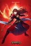 Placeholder: full body picture of a young woman with long brown hair, fantasy, dark, wearing black and red leather fantasy armor, evil, red eyes, smirk, confident, arrogant, anime, high resolution, hi res, detailed, intricate, fighting, warrior, detailed background