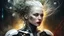 Placeholder: old worn paper, Ethereal bald white woman with thorns, thistles and plant roots on her head, cyberpunk biomechanics digital painting depicting a glowing woman with robotic features, combining human and artificial elements in a gripping sci-fi scene with intricate details and a cinematic atmosphere. Red lips, gold fragments, silver particles, wind, swirls, glare, glow from within, 8K, fine rendering, high detail, hyperrealism, high resolution, multi-layered, hyperdetail, hyperfocus,