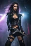 Placeholder: Beautiful super model European woman cyberpunk rocker guitarist who plays heavy metal music,stage music concert background