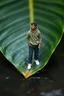 Placeholder: Cinematic Hyperdetail Photo: A tiny man, approximately 6 centimeters tall, stands heroically on a large, iridescent green tropical leaf. The leaf acts as a makeshift raft, floating precariously on the surface of a slow-moving, dark river. The man is wearing modern, casual streetwear-a muted olive green hoodie, dark wash relaxed-fit jeans, and bright white sneakers. His posture is dynamic, gazing toward the 'horizon' (the far bank of the river). [IDENTITY INSTRUCTION: Use the facial features, ski