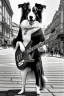 Placeholder: One single mature border collie, playing guitar in the street , Vienna, friendly, sunny day, model style, hyper realistic, extremely accurate, delicate, extremely detailed, Graphic novel style, wide-angle, open aperture, superfine pencil