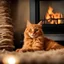 Placeholder: Night, indoors, close-up of a cute orange cat lying on the fur, fluffy hair, penetrating light in the eyes, a fireplace in the background, vibrant, realistic, high resolution, high contrast