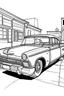 Placeholder: coloring page, car Plymouth Fury (1958) alternative parked on the asphalt street, cartoon style, thick lines, few details, no shadows, no colors