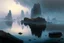 Placeholder: distant city, sea, mist, rocks, lake reflection, epic, otto pippel painting