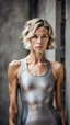 Placeholder: beautiful anorexic woman, total shot, short grey metallic triathlon swimsuit, short blond wavy bob hair, blurred concrete background