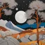 Placeholder: Peaceful, colourful, Max Ernst, Egon Schiele, Hiroshige, night sky filled with galaxies and stars, trees, flowers, rock formations, one-line drawing, sharp focus, 8k, 3d, silver rust