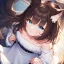 Placeholder: Clear focus, High resolution, Long fluffy brown hair, blue eyes, wearing a white skirt, detailed outfit, wearing a jacket oversized off shoulder, rough line, hair above ears, dog ears, off shoulder white shirt, chopped bangs