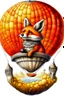 Placeholder: Color illustration of a ultra photo realistic happy red fox sitting "inside" a detailed wicker basket which is hanging below a perfect round orange colored hot air ballon nothing should be hanging from the basket, full image of hot air ballon, every element; fox, wicker basket, ballon should be in proportion to one another, in the background you can see the leaning tower of Piza